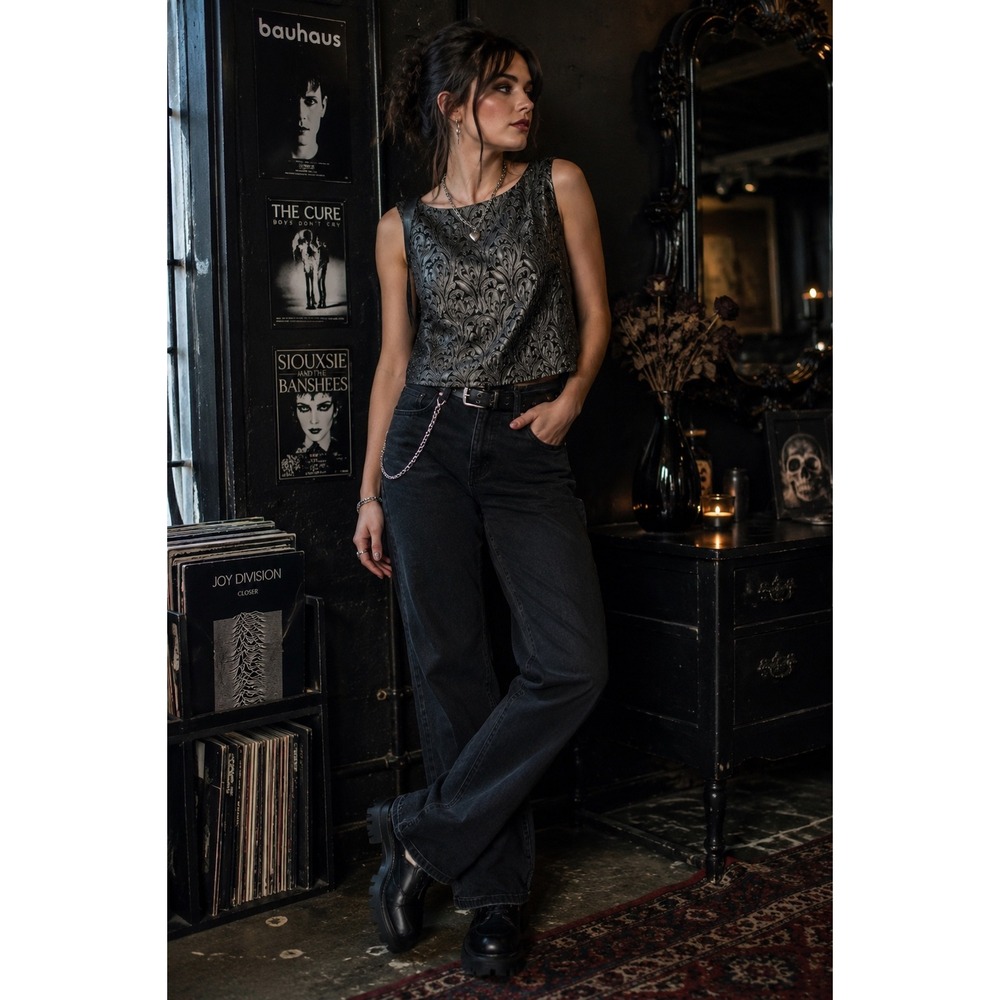 Dressbarn Black Silver Metallic Brocade Sleeveless Top Back Zip Goth Grunge M